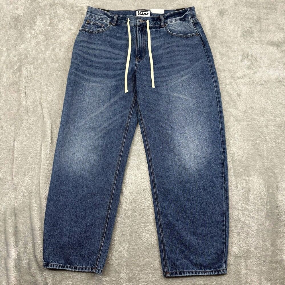 NWT KBB Jeans Women's 16 Blue Denim Barrel Leg Drawstring Mid Rise Boho 39x31